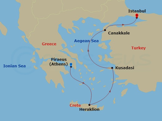 Viking Vesta - 7 Night - Ancient Mediterranean Treasures - Viking Vesta - Starting in Athens (Piraeus), Crete (Heraklion), Sail the Ionian Sea, Ephesus (Kusadasi), Troy (Can.. itinerary map