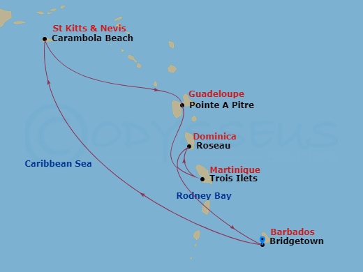 Seabourn Ovation - 7 Night - Caribbean Gems - Seabourn Ovation - Starting in Bridgetown, Barbados, Carambola Beach, Saint Kitts and Nevis, Pointe-a-Pitre, Guadeloupe, Trois Ilet.. itinerary map