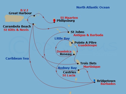 Seabourn Ovation - 14 Night - Yachtsman's Island Jewels - Seabourn Ovation - Starting in Bridgetown, Barbados, Carambola Beach, Saint Kitts and Nevis, Trois Ilets, Martinique, P.. itinerary map