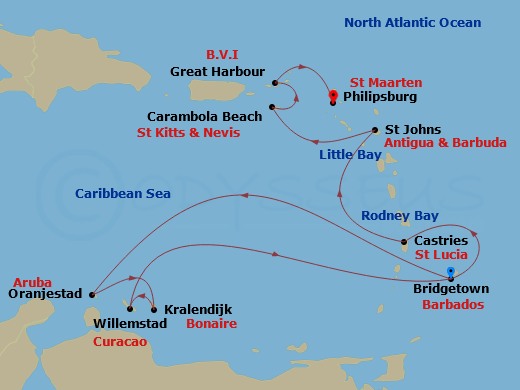 Seabourn Ovation - 14 Night - Southern Island Discovery - Seabourn Ovation - Starting in Bridgetown, Barbados, Rodney Bay, Saint Lucia, Oranjestad, Aruba, Kralendijk, Bonaire, W.. itinerary map