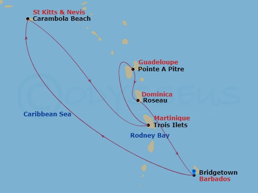 Seabourn Ovation - 7 Night - Caribbean Gems - Seabourn Ovation - Starting in Bridgetown, Barbados, Carambola Beach, Saint Kitts and Nevis, Trois Ilets, Martinique, Pointe-a-Pitr.. itinerary map