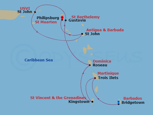 Silver Shadow - 7 Night - Bridgetown to Philipsburg - Silver Shadow - Starting in Bridgetown, Trois Ilets, Kingstown, St Vincent, Roseau, Gustavia, St Barthelemy, St John VI,.. itinerary map