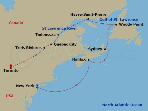 Viking Polaris - 12 Night - Canadian Discovery - Viking Polaris - Starting in New York City, New York, Sail the Atlantic Ocean, Halifax, Nova Scotia, Sydney NS, Nova Scotia, W.. itinerary map