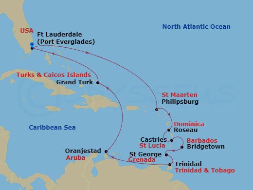 Majestic Princess - 14 Night - Circle Caribbean - Majestic Princess - Starting in Fort Lauderdale, Florida, St Maarten, Dominica, St Lucia, Barbados, Grenada, Trinidad, Trinidad.. itinerary map