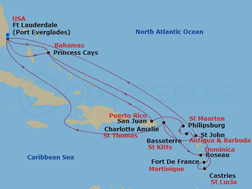 Enchanted Princess - 20 Night - Caribbean Explorer - Enchanted Princess - Starting in Fort Lauderdale, Florida, Princess Cays, Bahamas, St Thomas, US Virgin Islands, Dominica, St.. itinerary map