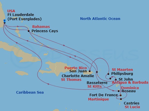 Enchanted Princess - 20 Night - Caribbean Explorer - Enchanted Princess - Starting in Fort Lauderdale, Florida, Princess Cays, Bahamas, San Juan, Puerto Rico, St Maarten, St Kitts.. itinerary map