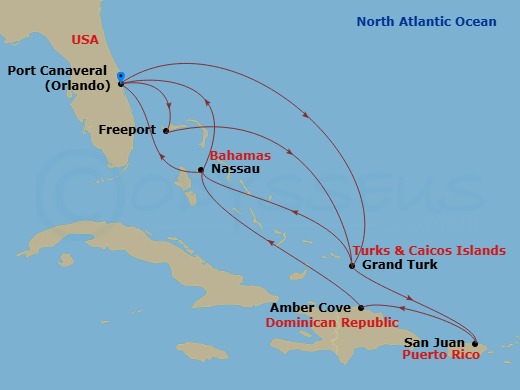 Sky Princess - 14 Night - Eastern Caribbean Adventurer Holiday - Sky Princess - Starting in Port Canaveral (Orlando), Florida, Grand Turk, Turks and Caicos, San Juan, Puerto.. itinerary map