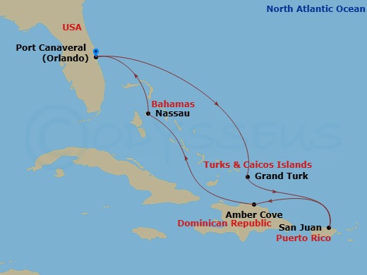 Sky Princess - 8 Night - Eastern Caribbean with Puerto Rico Holiday - Sky Princess - Starting in Port Canaveral (Orlando), Florida, Grand Turk, Turks and Caicos, San Juan, P.. itinerary map