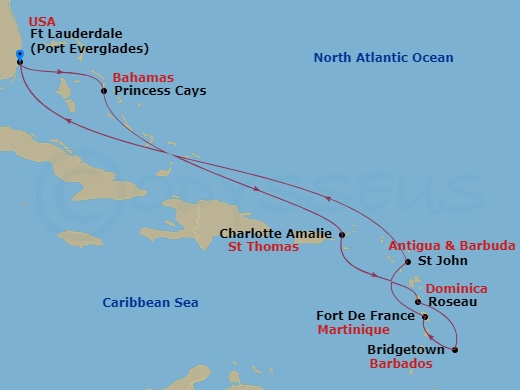 Enchanted Princess - 10 Night - Southern Caribbean with Martinique - Enchanted Princess - Starting in Fort Lauderdale, Florida, Princess Cays, Bahamas, St Thomas, US Virgin Island.. itinerary map