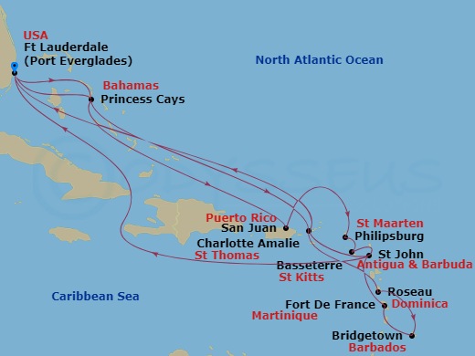 Enchanted Princess - 20 Night - Caribbean Explorer Holiday - Enchanted Princess - Starting in Fort Lauderdale, Florida, Princess Cays, Bahamas, St Thomas, US Virgin Islands, Domin.. itinerary map