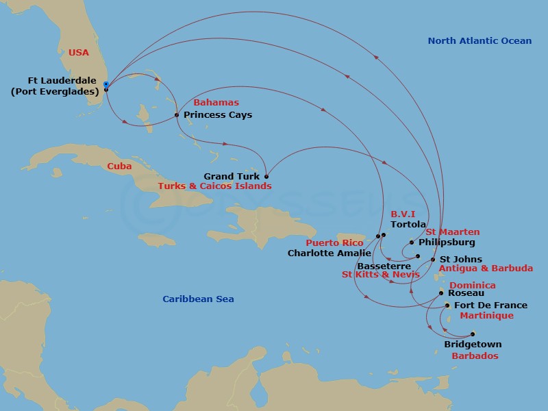 Enchanted Princess - 20 Night - Caribbean Explorer Holiday - Enchanted Princess - Starting in Fort Lauderdale, Florida, Princess Cays, Bahamas, Grand Turk, Turks and Caicos, St Ma.. itinerary map