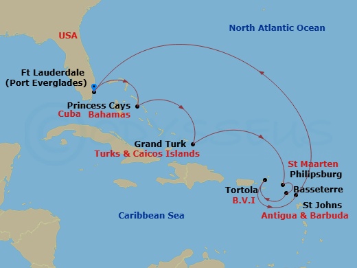 Enchanted Princess - 10 Night - Southern Caribbean with St. Kitts Holiday - Enchanted Princess - Starting in Fort Lauderdale, Florida, Princess Cays, Bahamas, Grand Turk, Turks an.. itinerary map
