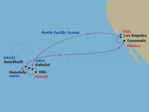 Emerald Princess - 16 Night - Hawaiian Islands Holiday - Emerald Princess - Starting in Los Angeles, California, Kahului, Hawaii, Hilo, Hawaii, Honolulu, Hawaii, Kauai (Nawiliwi.. itinerary map