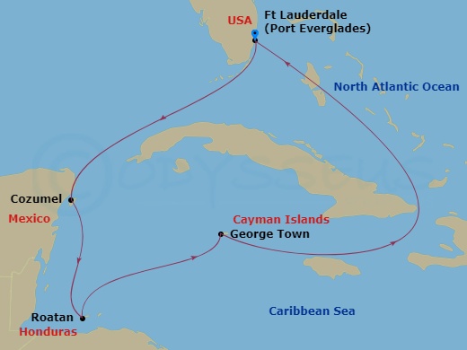 Sun Princess - 7 Night - Western Caribbean with Grand Cayman - Sun Princess - Starting in Fort Lauderdale, Florida, Cozumel, Mexico, Roatan (Mahogany Bay, Honduras), Grand C.. itinerary map