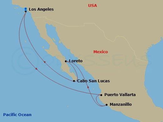 Royal Princess - 14 Night - Baja Peninsula & Sea of Cortez - Royal Princess - Starting in Los Angeles, California, Puerto Vallarta, Mexico, Manzanillo, Mexico, Mazatlan, Mexic.. itinerary map