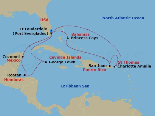 Sun Princess - 14 Night - Eastern / Western Caribbean Adventurer - Sun Princess - Starting in Fort Lauderdale, Florida, Cozumel, Mexico, Roatan (Mahogany Bay, Honduras), Gra.. itinerary map
