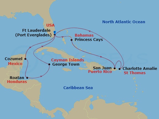 Sun Princess - 14 Night - Eastern / Western Caribbean Adventurer - Sun Princess - Starting in Fort Lauderdale, Florida, Princess Cays, Bahamas, San Juan, Puerto Rico, St Tho.. itinerary map