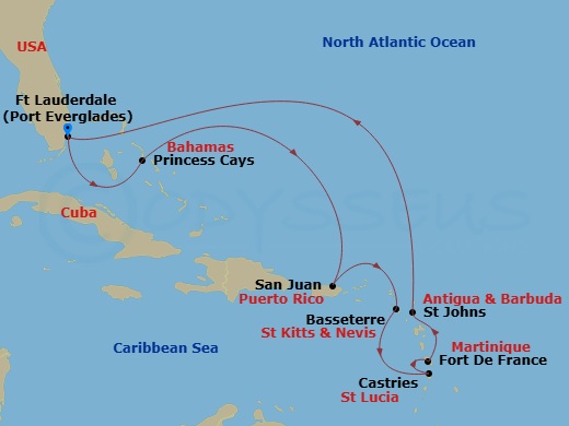 Enchanted Princess - 10 Night - Southern Caribbean with Martinique Holiday - Enchanted Princess - Starting in Fort Lauderdale, Florida, Princess Cays, Bahamas, San Juan, Puerto Ri.. itinerary map