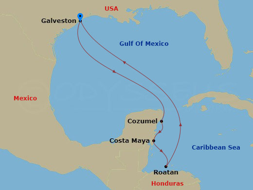 Regal Princess - 7 Night - Western Caribbean with Mexico - Regal Princess - Starting in Galveston, Texas, Cozumel, Mexico, Costa Maya (Mahahual), Mexico, Roatan (Mahogany Bay,.. itinerary map