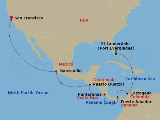Island Princess - 16 Night - Panama Canal - Ocean to Ocean Holiday - Island Princess - Starting in Fort Lauderdale, Florida, Cartagena CO, Panama Canal Full Transit Historic Lo.. itinerary map