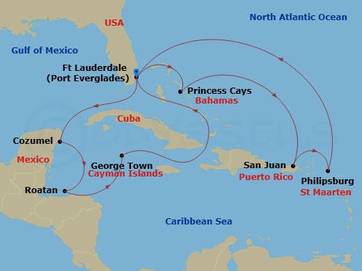 Sun Princess - 14 Night - Eastern / Western Caribbean Adventurer Holiday - Sun Princess - Starting in Fort Lauderdale, Florida, Princess Cays, Bahamas, San Juan, Puerto Rico.. itinerary map