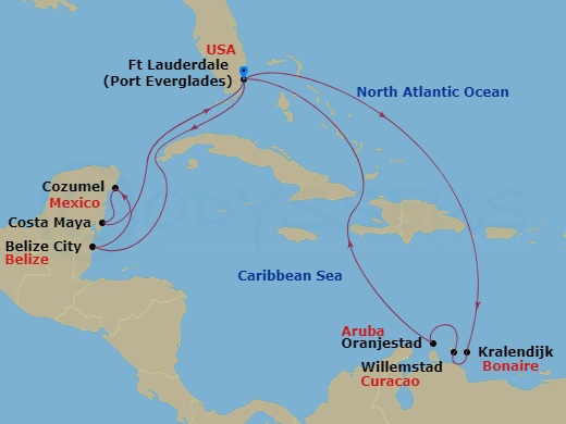 Majestic Princess - 14 Night - Eastern / Western Caribbean Adventurer - Majestic Princess - Starting in Fort Lauderdale, Florida, Bonaire, Caribbean Netherlands, Curacao, Aruba,.. itinerary map