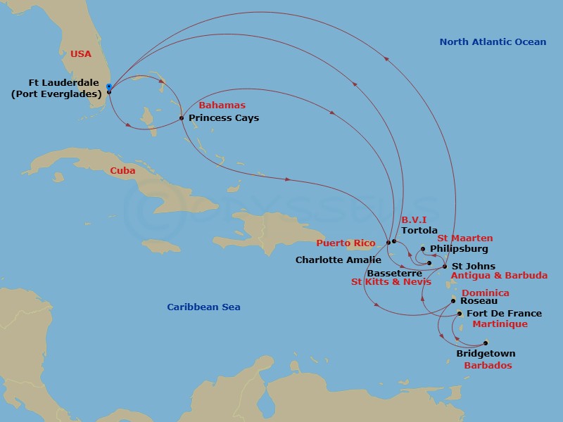 Enchanted Princess - 20 Night - Caribbean Explorer - Enchanted Princess - Starting in Fort Lauderdale, Florida, Princess Cays, Bahamas, St Thomas, US Virgin Islands, Antigua, St M.. itinerary map