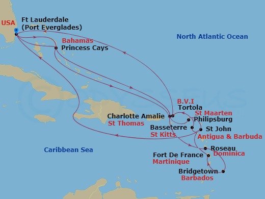 Enchanted Princess - 20 Night - Caribbean Explorer - Enchanted Princess - Starting in Fort Lauderdale, Florida, Princess Cays, Bahamas, St Thomas, US Virgin Islands, St Maarten, A.. itinerary map