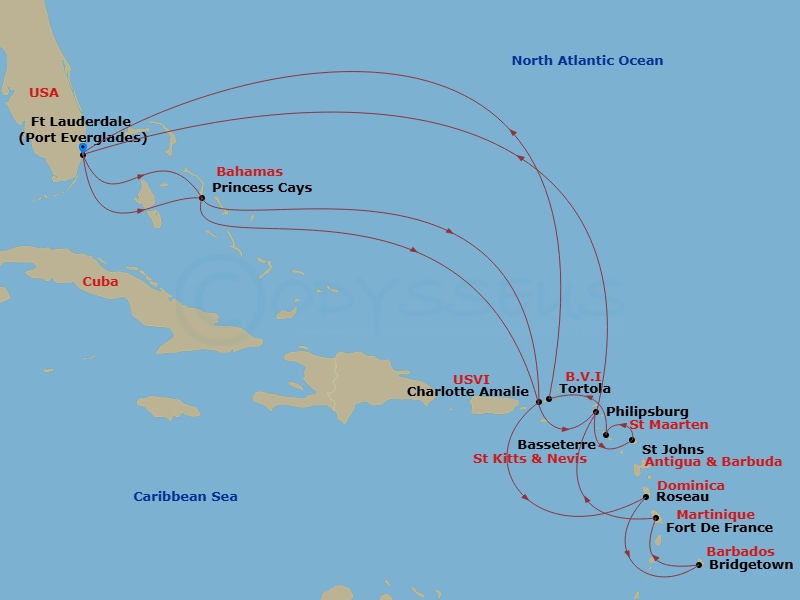 Enchanted Princess - 20 Night - Caribbean Explorer - Enchanted Princess - Starting in Fort Lauderdale, Florida, Princess Cays, Bahamas, St Thomas, US Virgin Islands, Dominica, Bar.. itinerary map