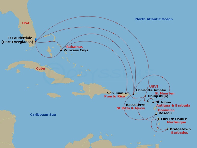 Enchanted Princess - 20 Night - Caribbean Explorer - Enchanted Princess - Starting in Fort Lauderdale, Florida, Princess Cays, Bahamas, San Juan, Puerto Rico, St Maarten, St Kitts.. itinerary map