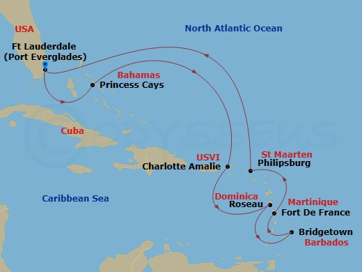 Enchanted Princess - 10 Night - Southern Caribbean with Martinique - Enchanted Princess - Starting in Fort Lauderdale, Florida, Princess Cays, Bahamas, St Thomas, US Virgin Island.. itinerary map
