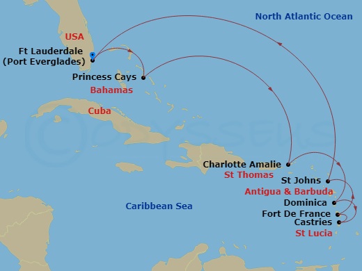 Enchanted Princess - 10 Night - Southern Caribbean with Martinique - Enchanted Princess - Starting in Fort Lauderdale, Florida, Princess Cays, Bahamas, St Thomas, US Virgin Island.. itinerary map