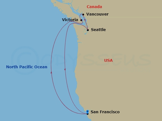 Ruby Princess - 7 Night - Pacific Northwest Coast - Ruby Princess - Starting in San Francisco, California, Victoria CA, Vancouver, Canada, Seattle, Washington, San Francisco,.. itinerary map