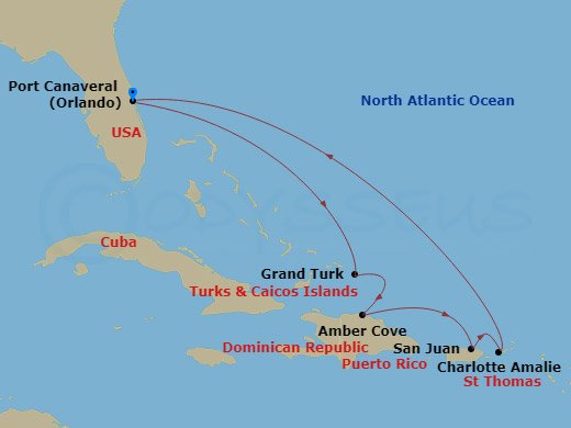 Sky Princess - 8 Night - Eastern Caribbean with St. Thomas - Sky Princess - Starting in Port Canaveral (Orlando), Florida, Grand Turk, Turks and Caicos, Amber Cove, Dominica.. itinerary map