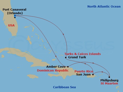 Sky Princess - 8 Night - Eastern Caribbean with Puerto Rico - Sky Princess - Starting in Port Canaveral (Orlando), Florida, Amber Cove, Dominican Republic, St Maarten, San J.. itinerary map