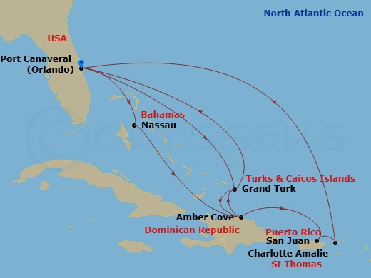 Sky Princess - 14 Night - Eastern Caribbean Adventurer - Sky Princess - Starting in Port Canaveral (Orlando), Florida, Grand Turk, Turks and Caicos, Amber Cove, Dominican Re.. itinerary map