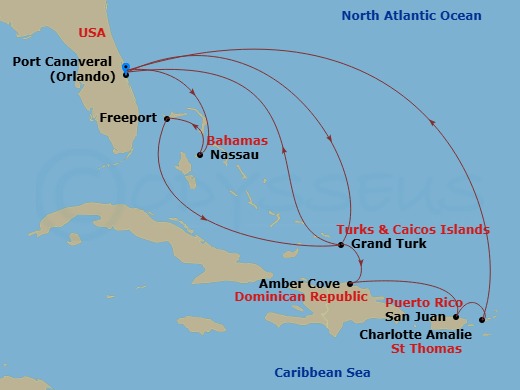 Sky Princess - 14 Night - Eastern Caribbean Adventurer Holiday - Sky Princess - Starting in Port Canaveral (Orlando), Florida, Nassau, Bahamas, Freeport, Bahamas, Grand Turk.. itinerary map