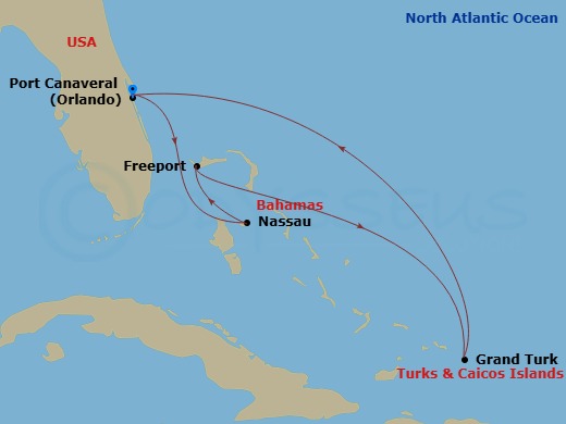 Sky Princess - 6 Night - Eastern Caribbean with Turks & Caicos - Sky Princess - Starting in Port Canaveral (Orlando), Florida, Nassau, Bahamas, Freeport, Bahamas, Grand Turk.. itinerary map