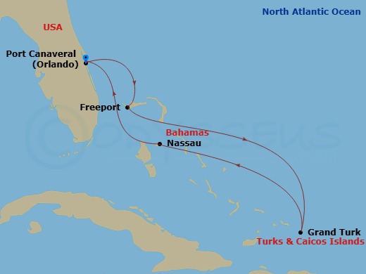 Sky Princess - 6 Night - Eastern Caribbean with Turks & Caicos - Sky Princess - Starting in Port Canaveral (Orlando), Florida, Freeport, Bahamas, Grand Turk, Turks and Caico.. itinerary map