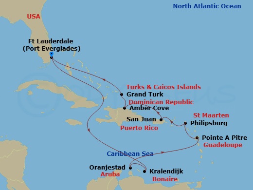 Caribbean Princess - 12 Night - Circle Caribbean - Caribbean Princess - Starting in Fort Lauderdale, Florida, Bonaire, Caribbean Netherlands, Aruba, Guadeloupe (Pointe-a-Pitre), S.. itinerary map