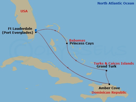 Star Princess - 7 Night - Eastern Caribbean with Bahamas - Star Princess - Starting in Fort Lauderdale, Florida, Amber Cove, Dominican Republic, Grand Turk, Turks and Caicos,.. itinerary map