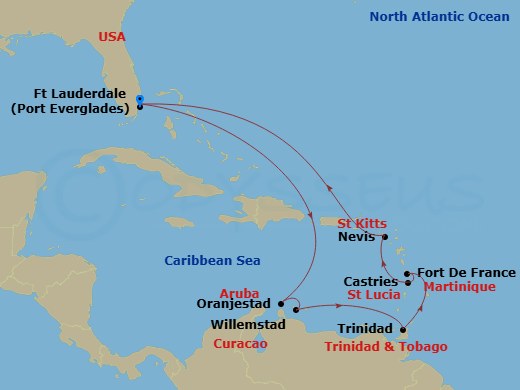 Caribbean Princess - 12 Night - Circle Caribbean - Caribbean Princess - Starting in Fort Lauderdale, Florida, Aruba, Curacao, Trinidad, Trinidad and Tobago, Martinique, St Lucia,.. itinerary map