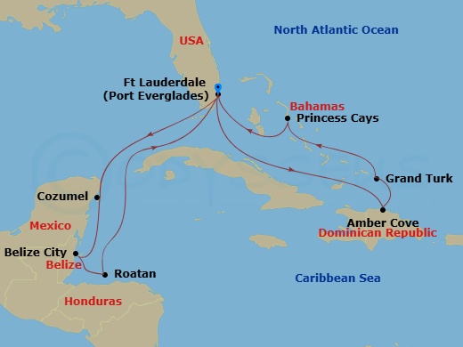 Star Princess - 14 Night - Eastern / Western Caribbean Adventurer - Star Princess - Starting in Fort Lauderdale, Florida, Amber Cove, Dominican Republic, Grand Turk, Turks an.. itinerary map