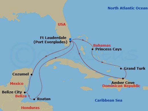 Star Princess - 14 Night - Eastern / Western Caribbean Adventurer - Star Princess - Starting in Fort Lauderdale, Florida, Roatan (Mahogany Bay, Honduras), Belize City, Belize.. itinerary map
