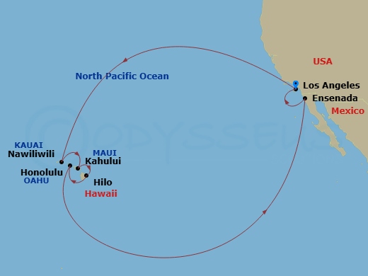 Emerald Princess - 16 Night - Hawaiian Islands - Emerald Princess - Starting in Los Angeles, California, Kauai (Nawiliwili), Hawaii, Kahului, Hawaii, Hilo, Hawaii, Honolulu, Haw.. itinerary map