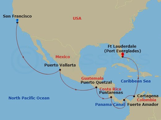 Island Princess - 16 Night - Panama Canal - Ocean to Ocean - Island Princess - Starting in San Francisco, California, Puerto Vallarta, Mexico, Puerto Quetzal, Guatemala, Puntar.. itinerary map
