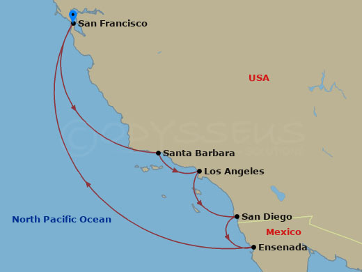 Ruby Princess - 7 Night - Classic California Coast - Ruby Princess - Starting in San Francisco, California, Santa Barbara, California, Ensenada, Mexico, San Diego, California.. itinerary map