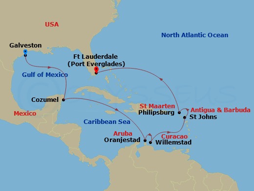Regal Princess - 12 Night - Southern Caribbean Islander - Regal Princess - Starting in Galveston, Texas, Cozumel, Mexico, Aruba, Curacao, Antigua, St Maarten, Fort Lauderdale,.. itinerary map