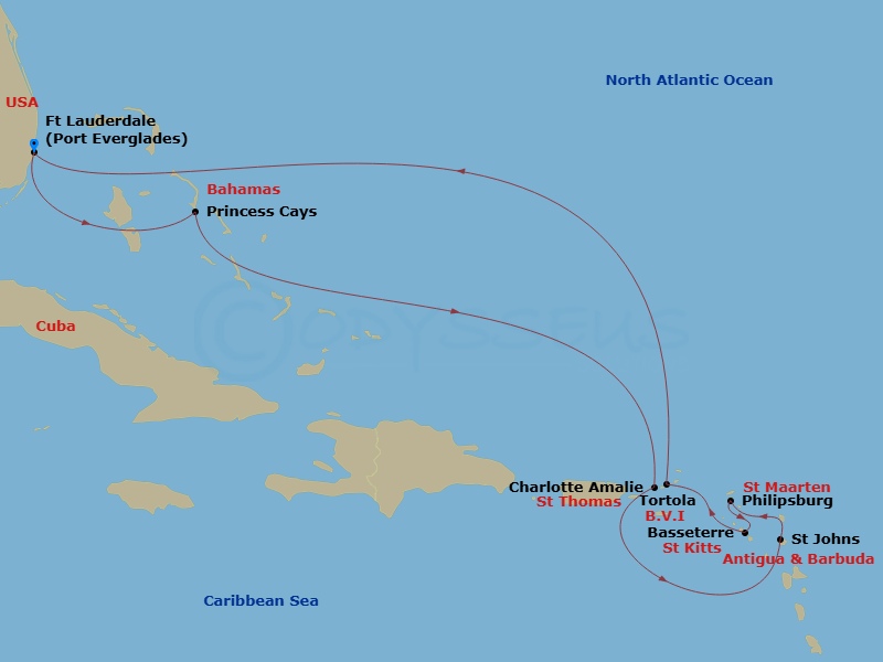 Enchanted Princess - 10 Night - Eastern Caribbean with Tortola - Enchanted Princess - Starting in Fort Lauderdale, Florida, Princess Cays, Bahamas, St Thomas, US Virgin Islands, A.. itinerary map