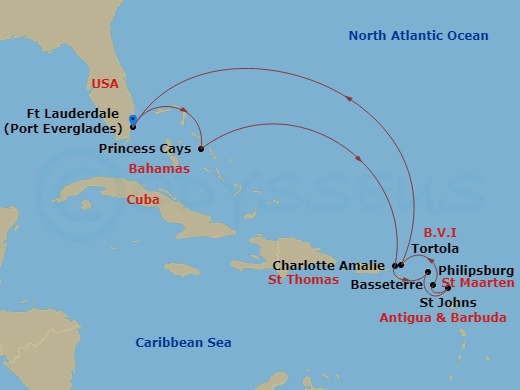 Enchanted Princess - 10 Night - Eastern Caribbean with Tortola - Enchanted Princess - Starting in Fort Lauderdale, Florida, Princess Cays, Bahamas, St Thomas, US Virgin Islands, S.. itinerary map